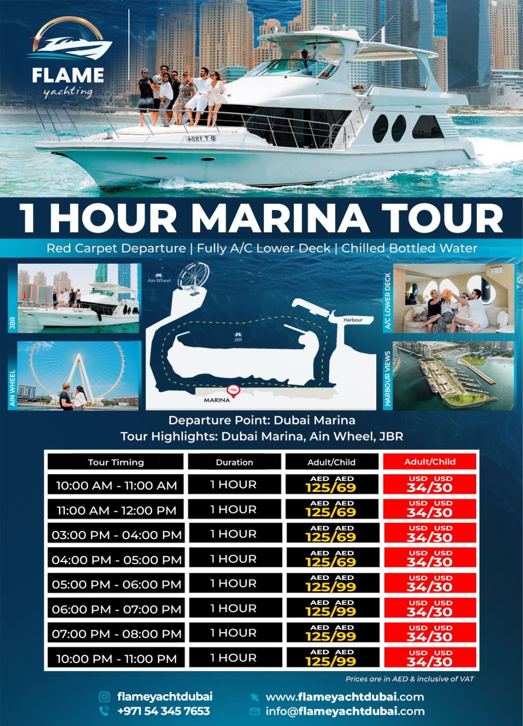 1-Hour Dubai Marina Sharing Yacht Tour
 - Flame Yacht Rental in dubai