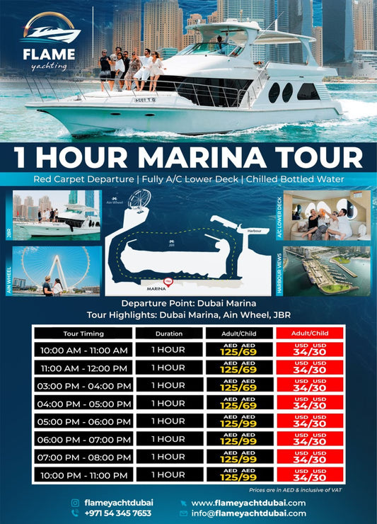 1-Hour Dubai Marina Sharing Yacht Tour
 - Flame Yacht Rental in dubai