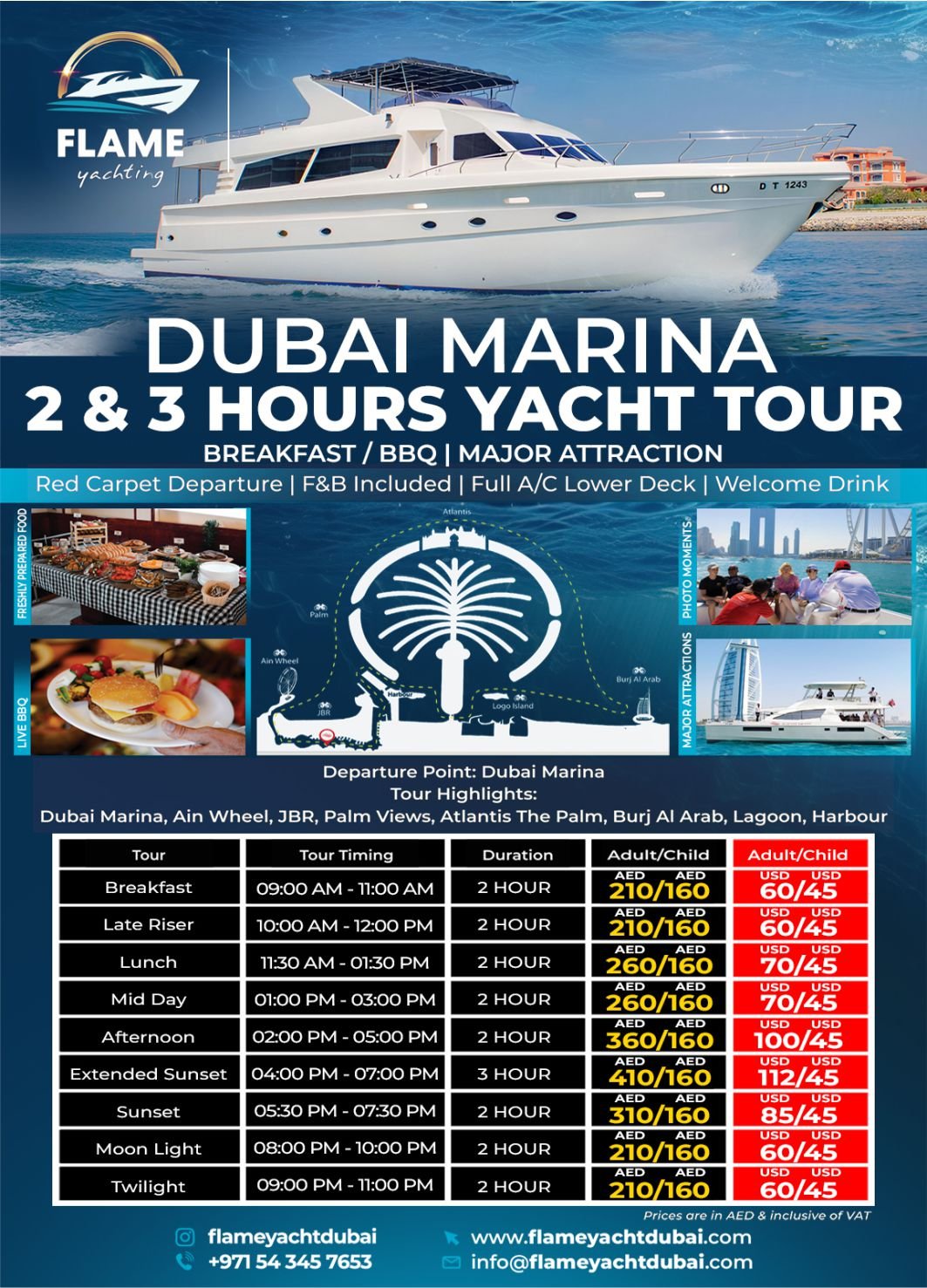 Dubai Marina 2 & 3 Hours Shared Yacht Tour  - Flame Yacht Rental in dubai