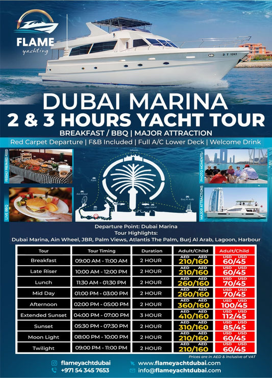 Dubai Marina 2 & 3 Hours Shared Yacht Tour  - Flame Yacht Rental in dubai